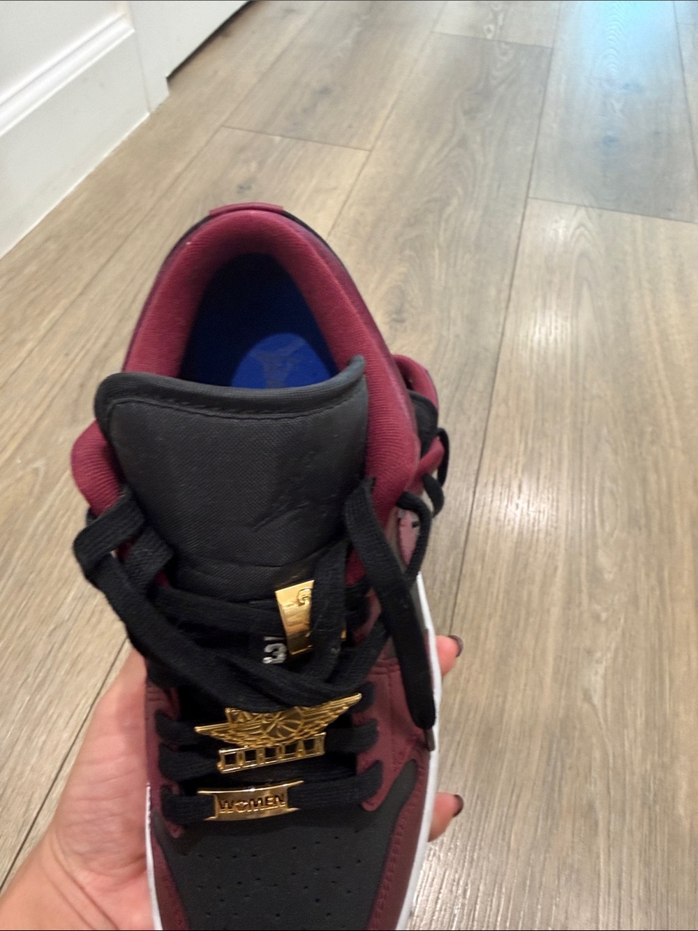 Jordan Women's Low Sneaker in Burgundy, Black & White with Gold Accents - Picture 2 of 3